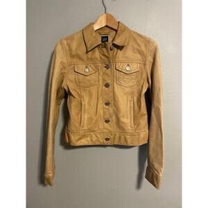 Vintage Gap Jacket Womens Medium Beige Genuine Leather Button Short Trucker Y2K